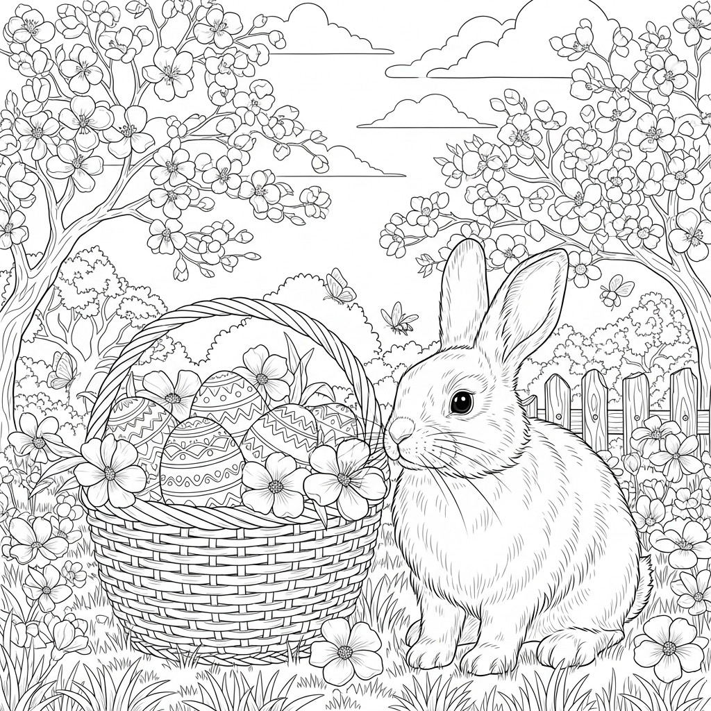 Dibujo para Colorear de una Cesta de Pascua Realista con Conejo coloring page printable