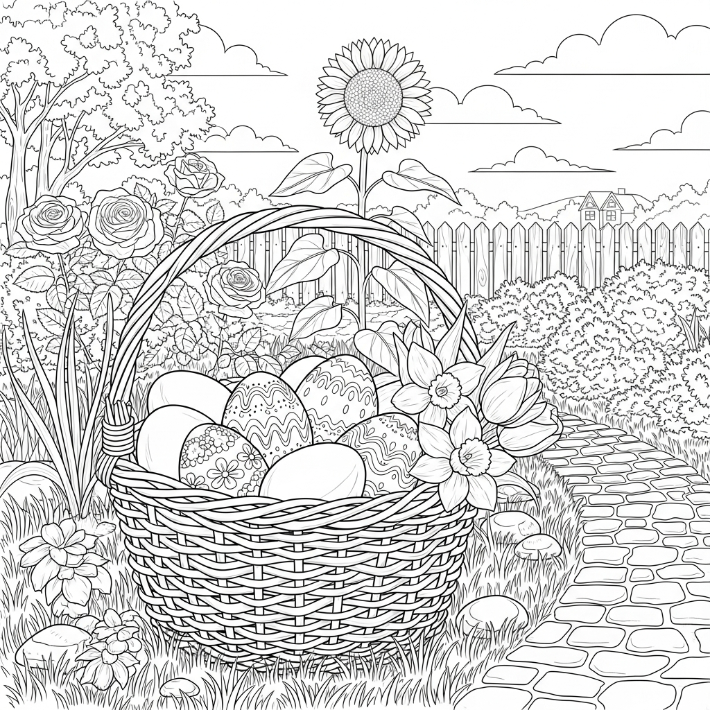 Dibujo para Colorear: Cesta de Pascua Realista en el Jardín coloring page printable