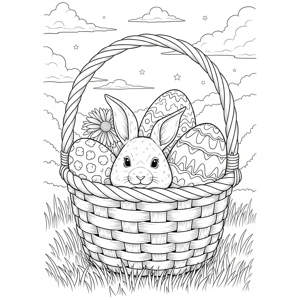 Dibujo para Colorear de una Cesta de Pascua Realista Difícil sobre Césped coloring page printable