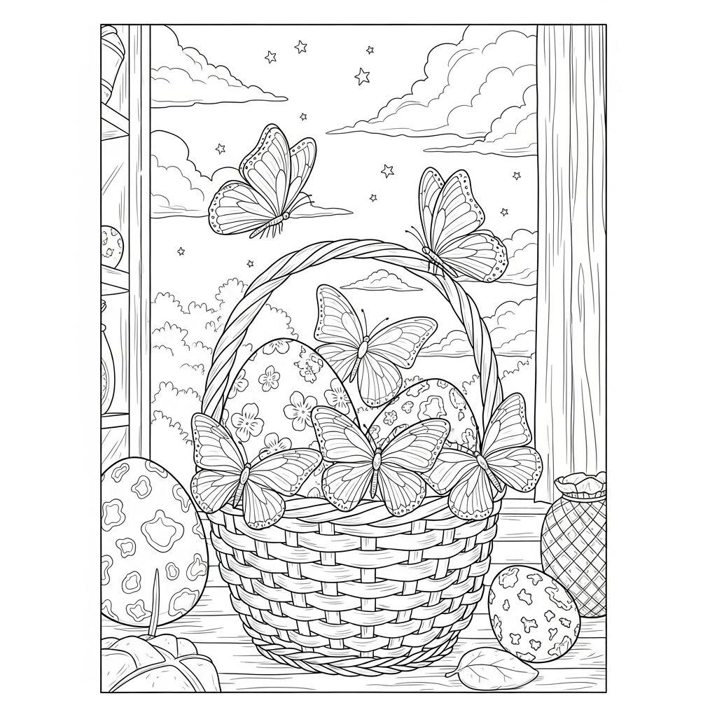 Página para Colorear Canasta de Pascua Realista Difícil con Mariposas coloring page printable