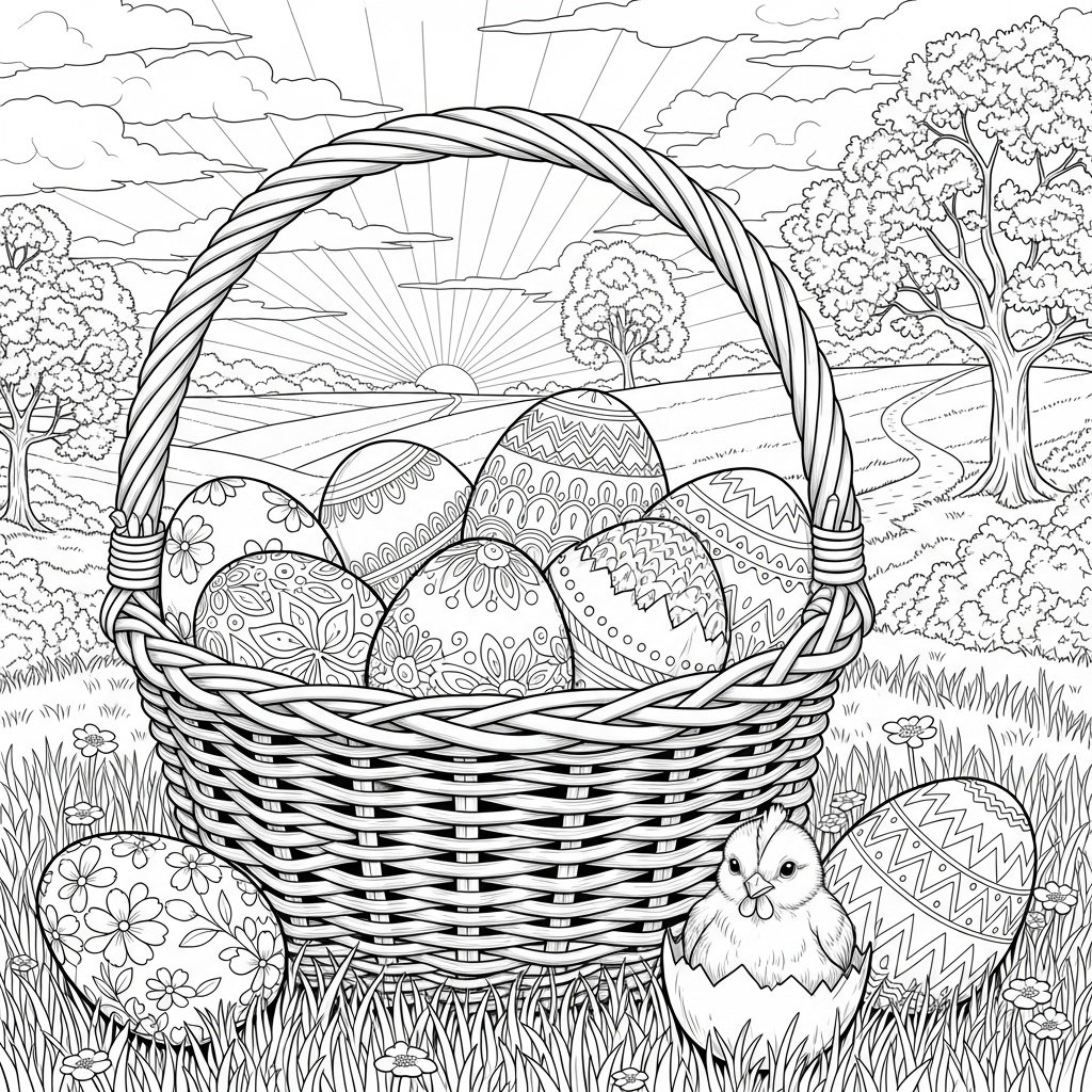 Página para Colorear de una Cesta de Pascua Realista con Huevos coloring page printable