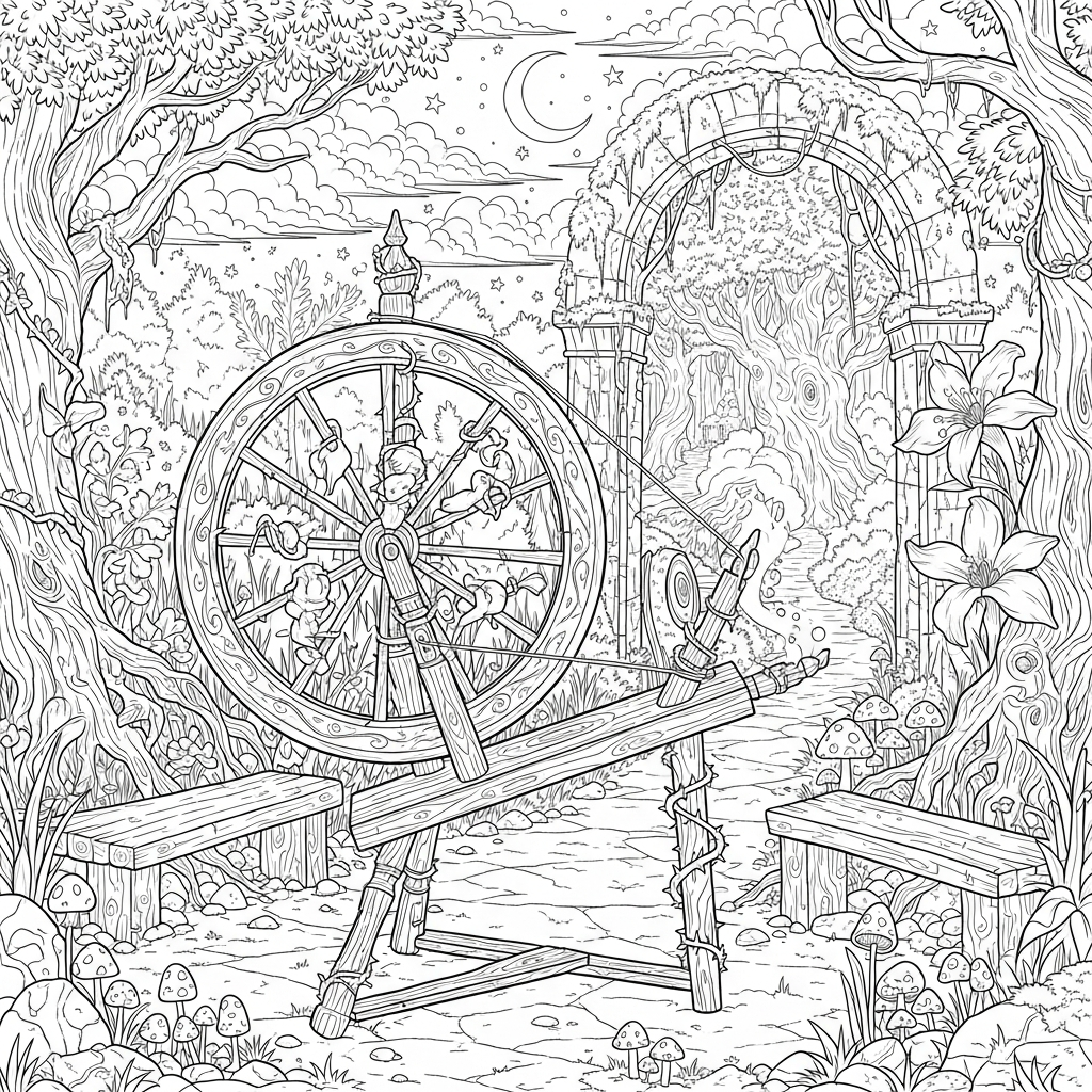 Página para Colorear Escena de Hilo de Cuento de Hadas Enchanted Difícil Realista coloring page