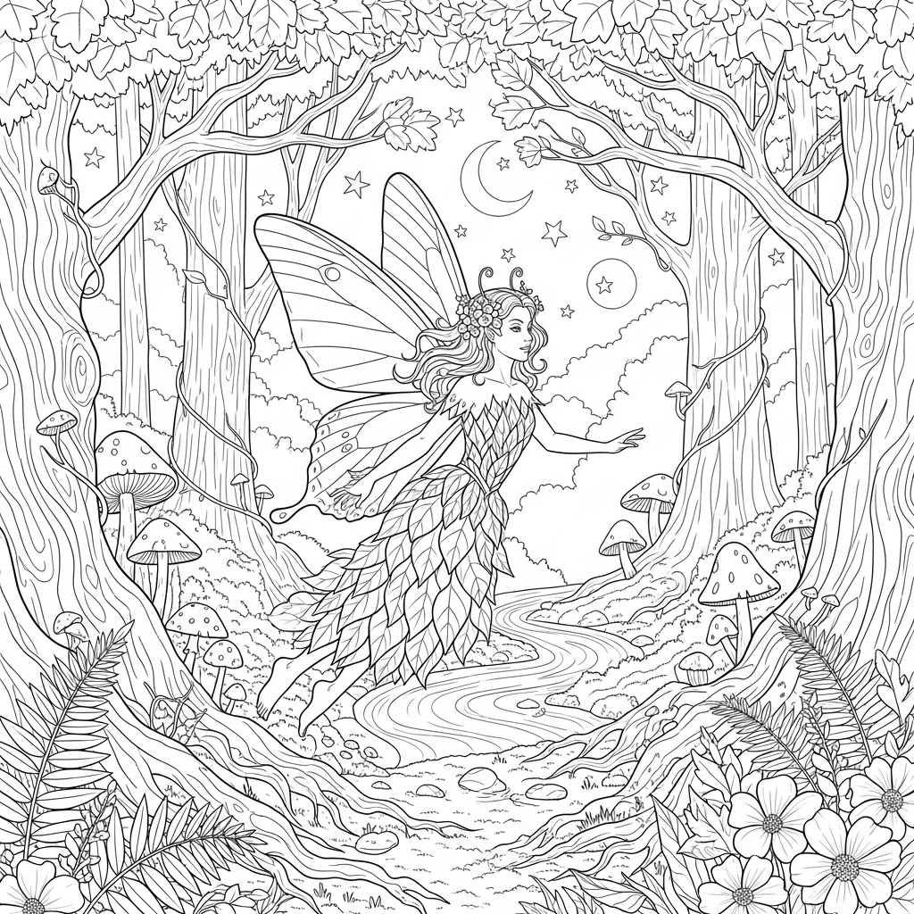 Fata Realistica Difficile In Una Foresta Magica - Pagina Da Colorare coloring page