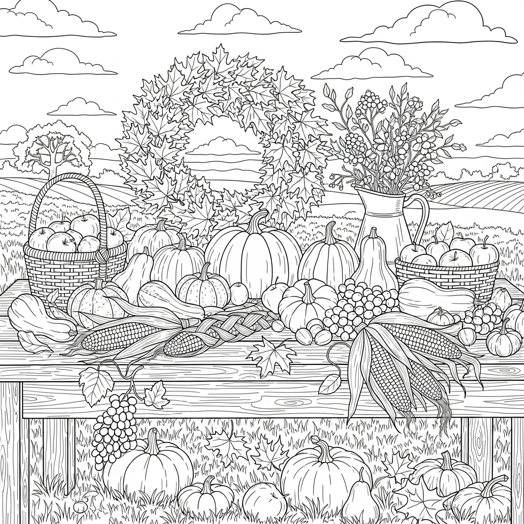 Autumn Harvest Table Coloring Page With Maple Leaf Wreath coloring page printable