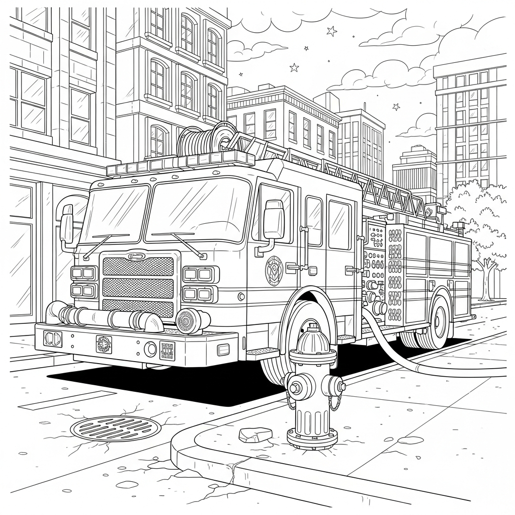 Realistic Fire Truck and Fire Hydrant Coloring Page coloring page