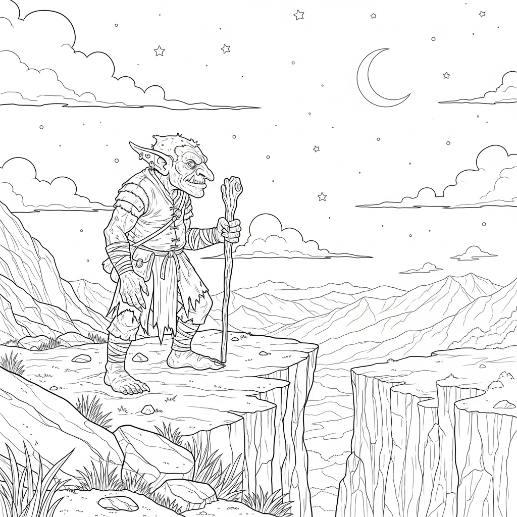 Intricate Goblin on a Cliff Coloring Page coloring page