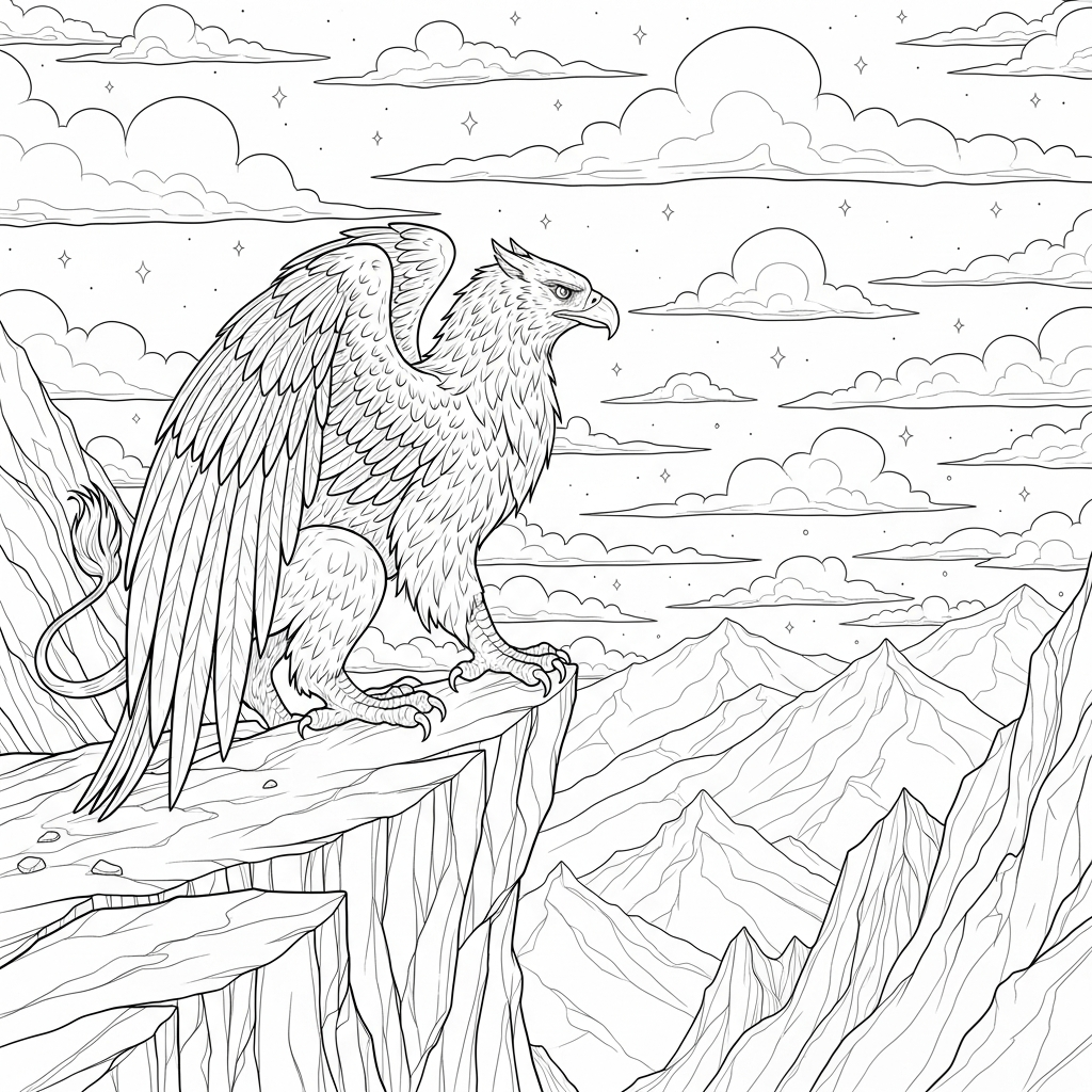 Majestic Griffin Coloring Page: Realistic Design on Mountain Cliff coloring page