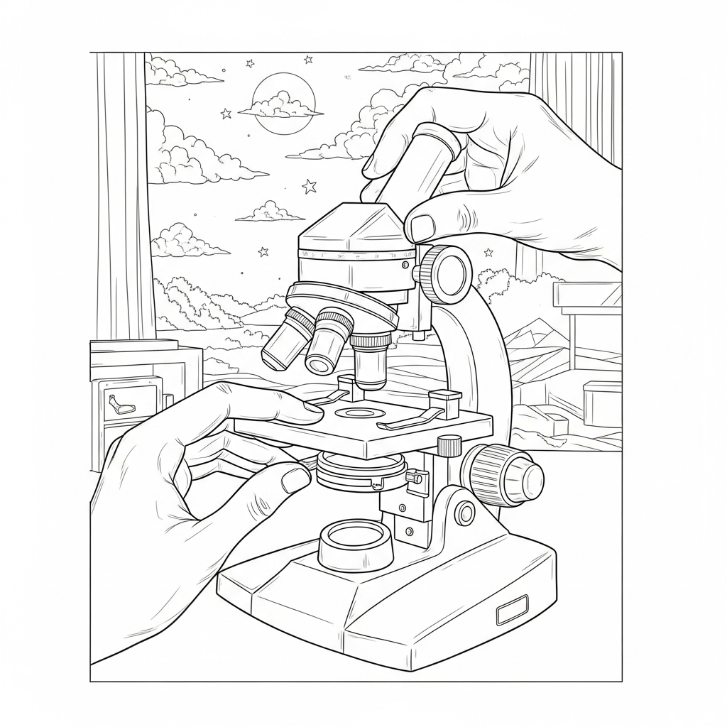 Detailgetreue Hände, die den Mikroskopfokus einstellen Malvorlage coloring page printable