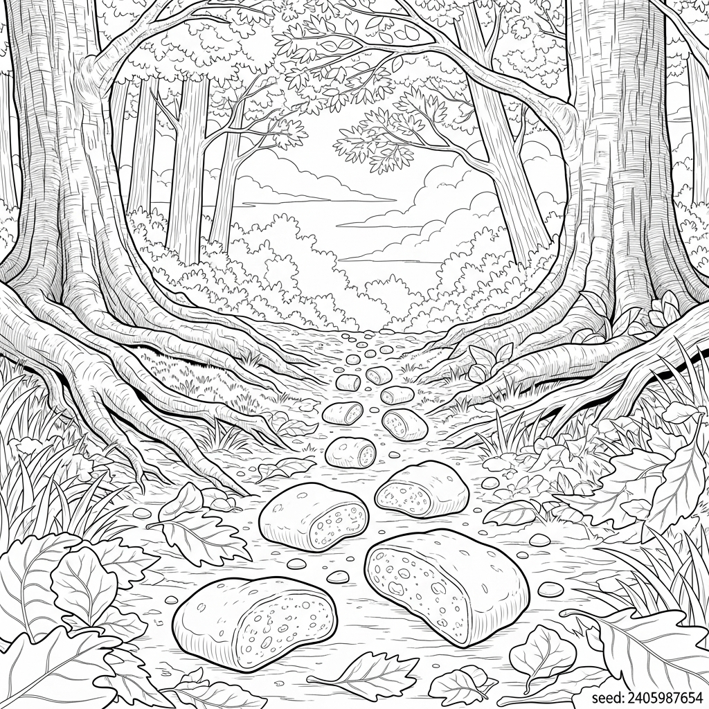 Challenging Hansel and Gretel Breadcrumbs Coloring Page coloring page