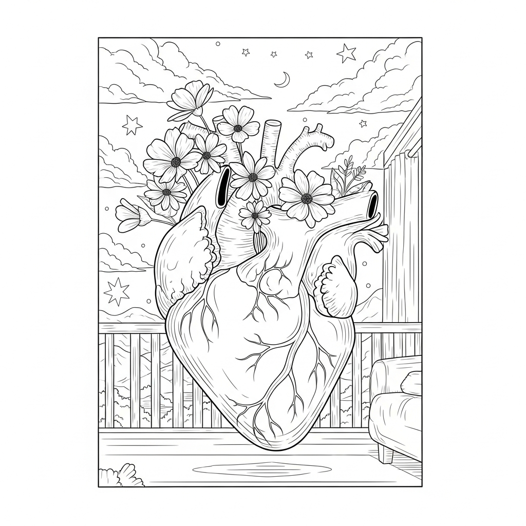 Page à Colorier Cœur Réaliste Avec des Fleurs coloring page printable