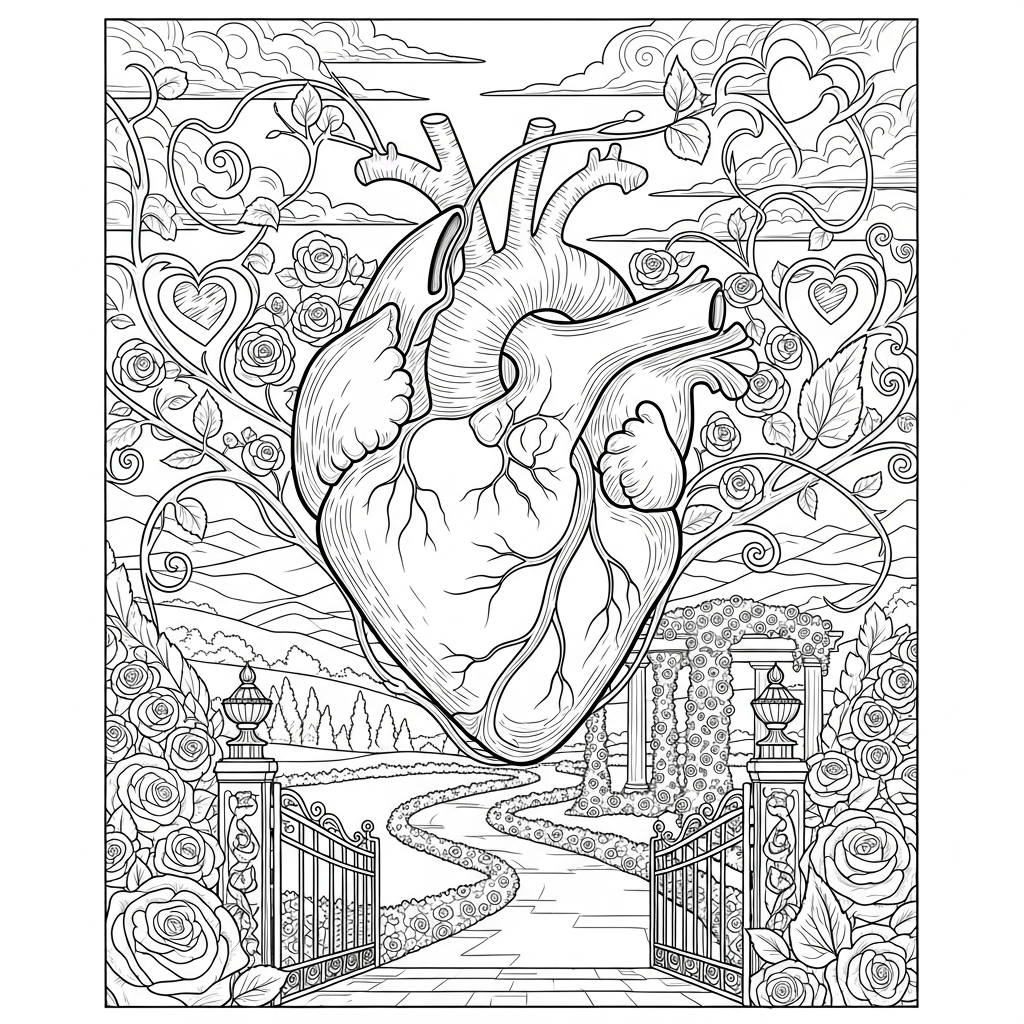 Challenging Heart Pattern with Rose Garden Coloring Page coloring page