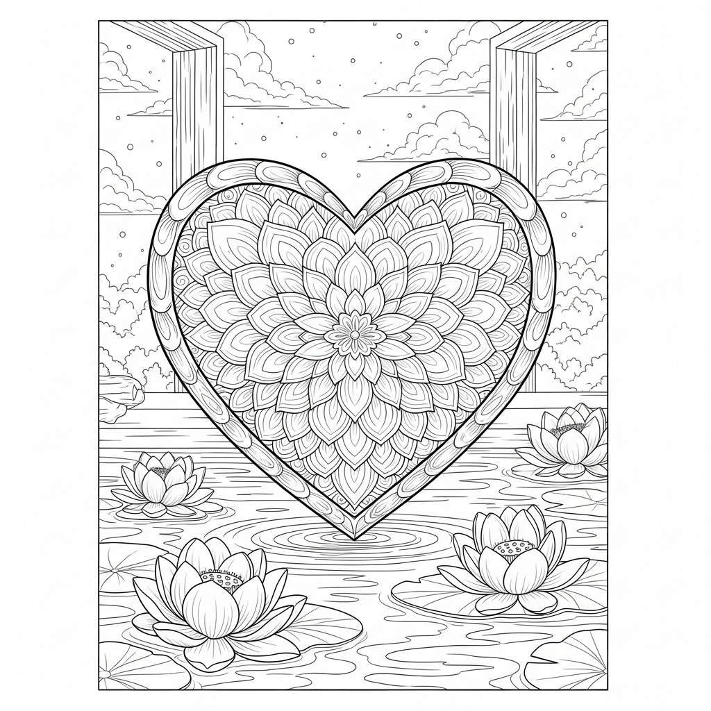 Mandala Coeur Réaliste Difficile Flottant Sur L'Eau Calme Avec Des Fleurs de Lotus à Colorier coloring page