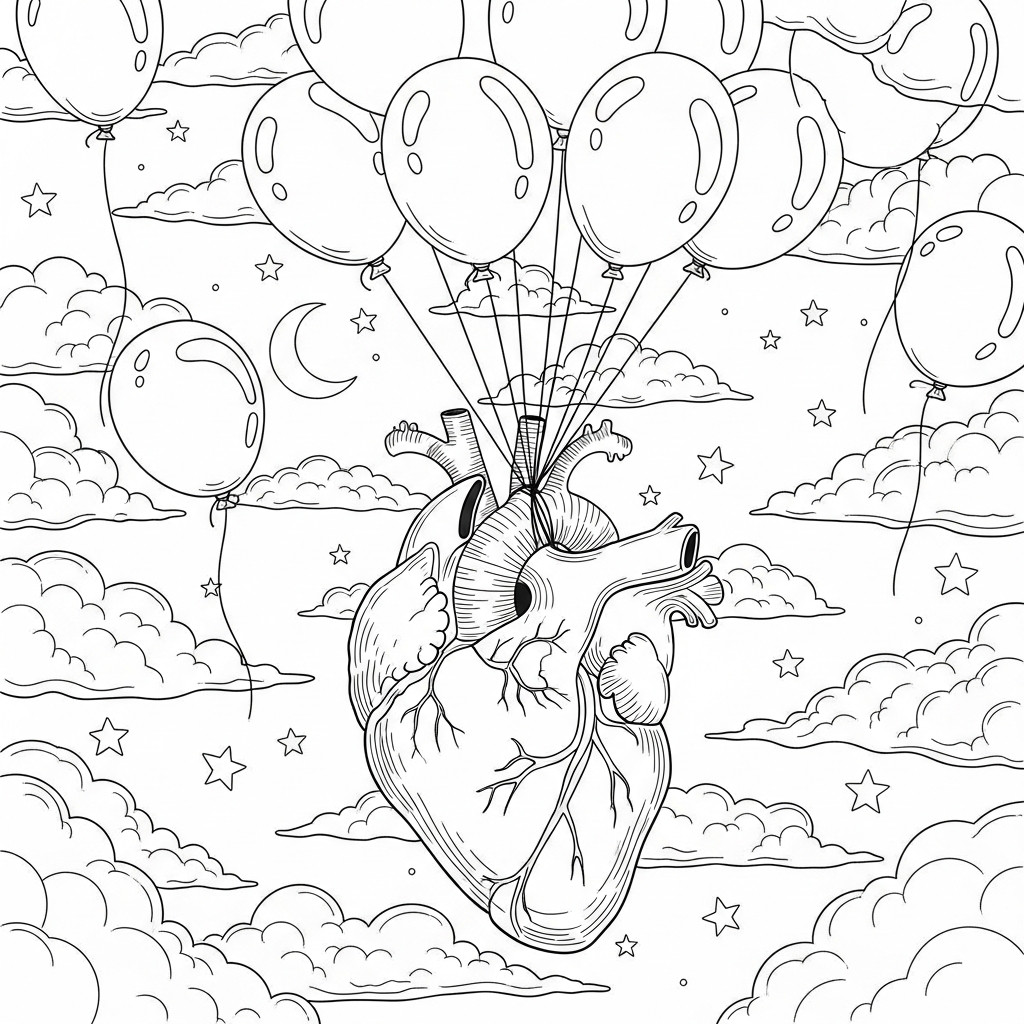 Challenging Realistic Heart with Balloons Coloring Page coloring page