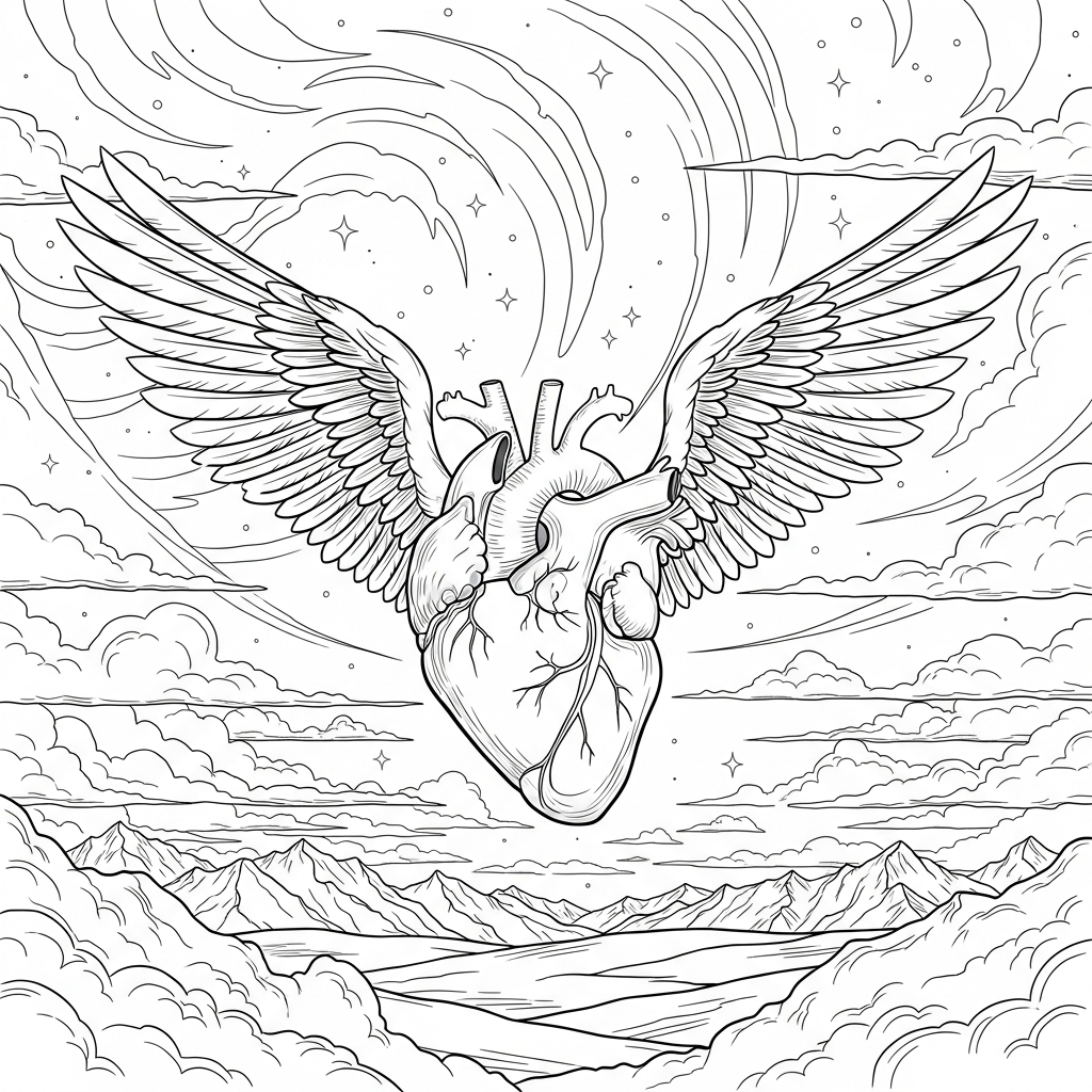 Page de Coloriage Cœur Réaliste avec Ailes Difficile coloring page printable