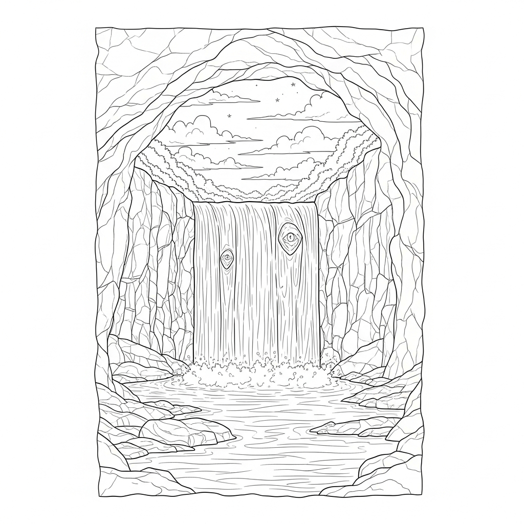 Page à Colorier Cachée : Cascade Réaliste dans une Grotte coloring page