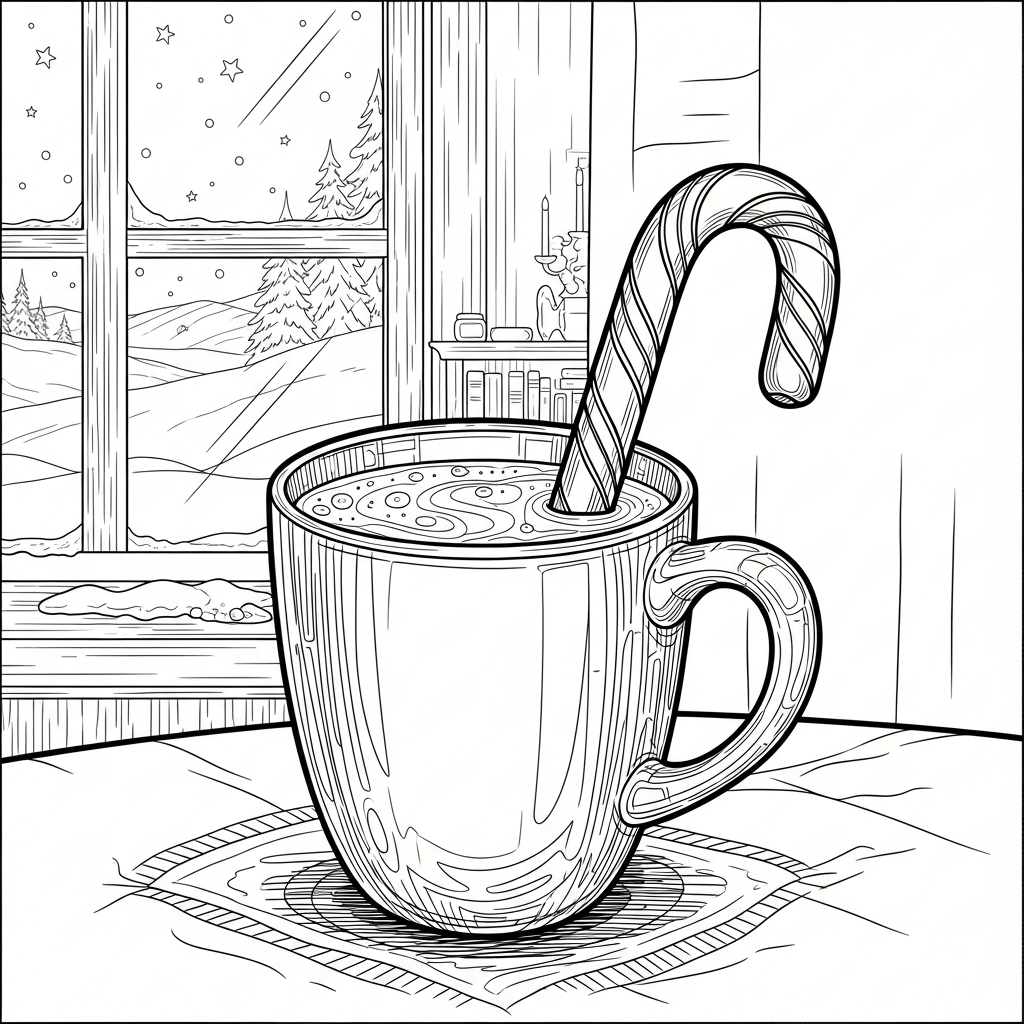 Detailed Hot Cocoa Mug with Candy Cane Coloring Page coloring page