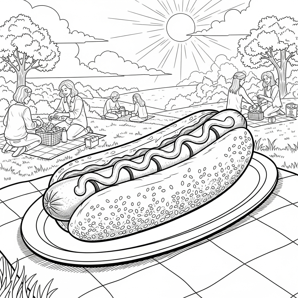 Realistisches Hot Dog auf Servierplatte Ausmalbild | Essen-Getränke coloring page printable