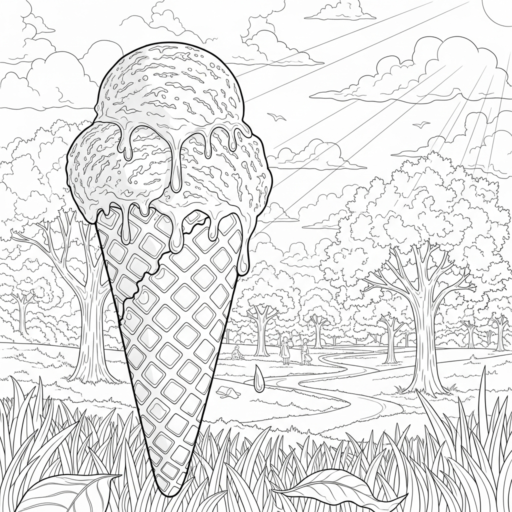 Realistic Ice Cream Cone Coloring Page for Summer Fun coloring page printable