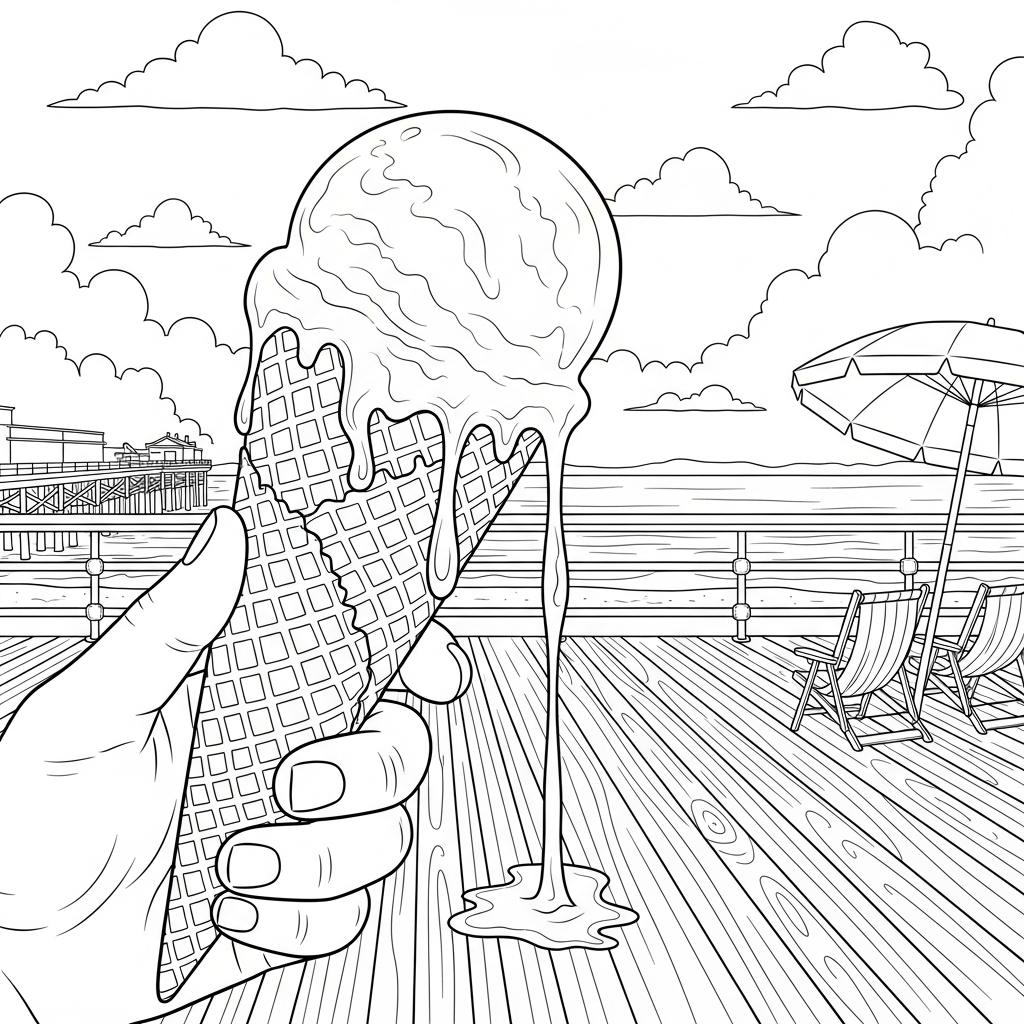 Page de Coloriage de Cornet de Glace Réaliste avec Boule qui Fuit coloring page