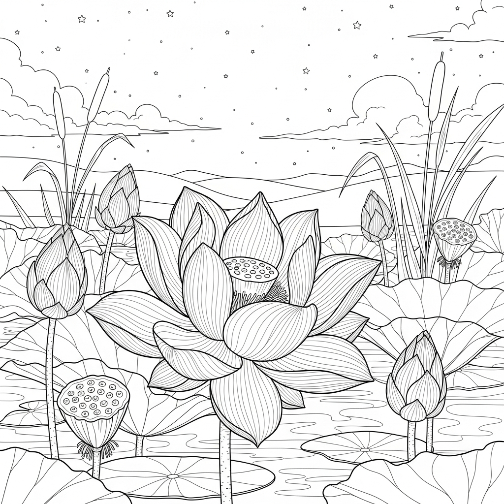 Challenging Realistic Lotus Flower and Buds Coloring Page coloring page