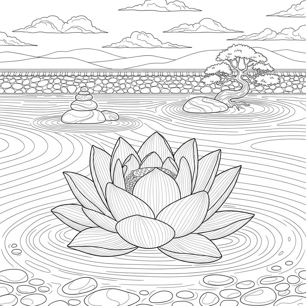 Coloriage deFleur de Lotus Réaliste Difficile dans un Jardin Zen coloring page printable