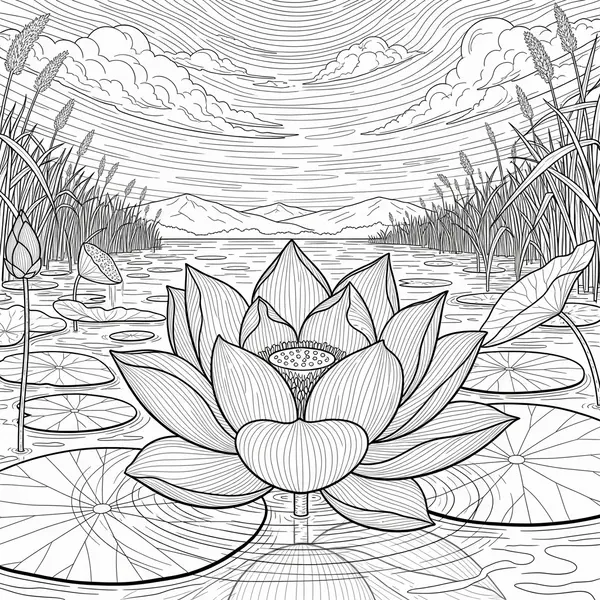 Page de Coloriage de Lotus Réaliste Difficile sur un Lac Calme coloring page printable