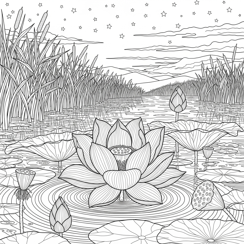 Coloriage de Fleur de Lotus Réaliste avec Ondulations d'Eau coloring page printable