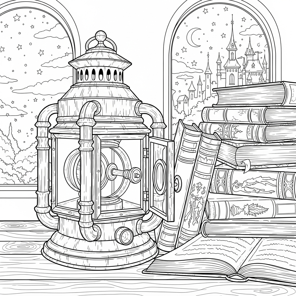 Realistic Magic Lantern Coloring Page Featuring Old Books coloring page