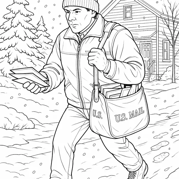Caricatura Realista de un Cartero en Ruta Invernal para Colorear coloring page printable
