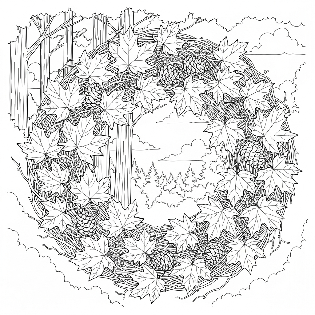 Schwieriges realistische Ahornblattkranz mit Tannenzapfen und Zweigen Ausmalbild coloring page printable