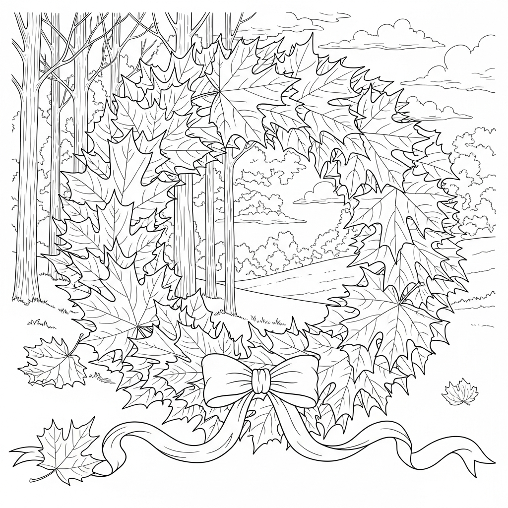 Hard Realistic Maple Leaf Wreath With Ribbon Bow Coloring Page coloring page printable