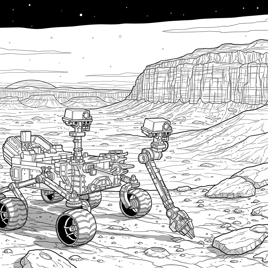 Colora il Rover Marziano Realistico con Orizzonte di Pianeta Lontano coloring page