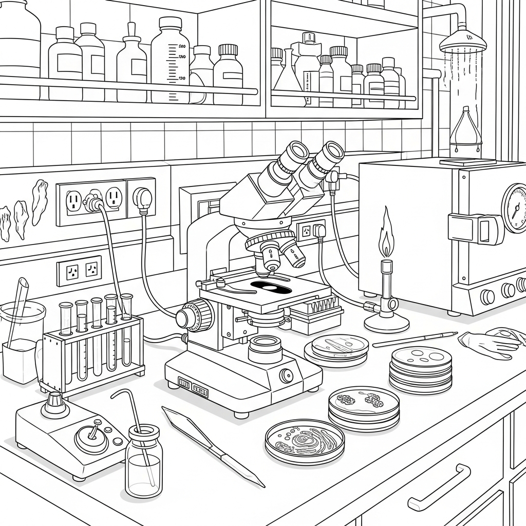 Schweres Realistisches Mikrobiologie-Laborarbeitsplatz Ausmalbild coloring page printable