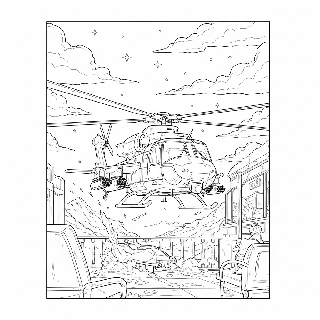 Intense Military Helicopter in Action Coloring Page coloring page