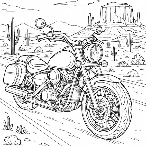 Hard Realistic Motorcycle Crossing Desert Highway Coloring Page coloring page printable