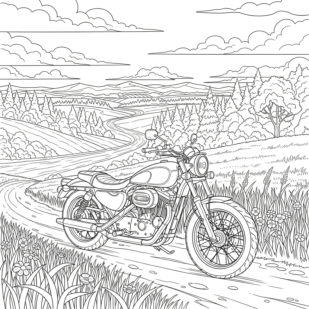 Moeilijke Realistische Motorfiets In Een Plattelandsveld Kleurplaat coloring page