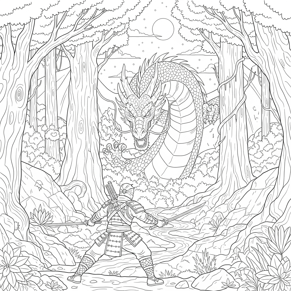 Challenging Ninja and Dragon Coloring Page in a Forest coloring page