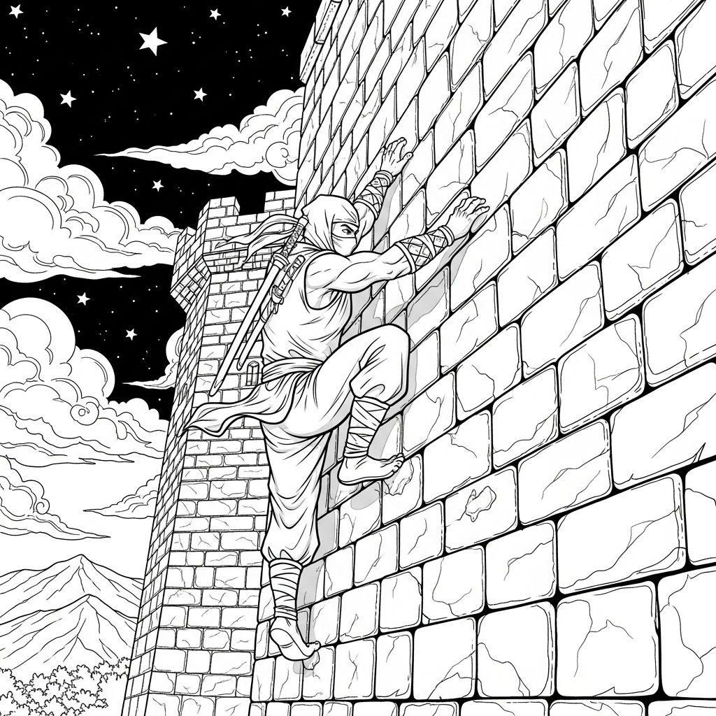 Página para Colorear Ninja Realista Escalando el Muro del Castillo Difícil coloring page