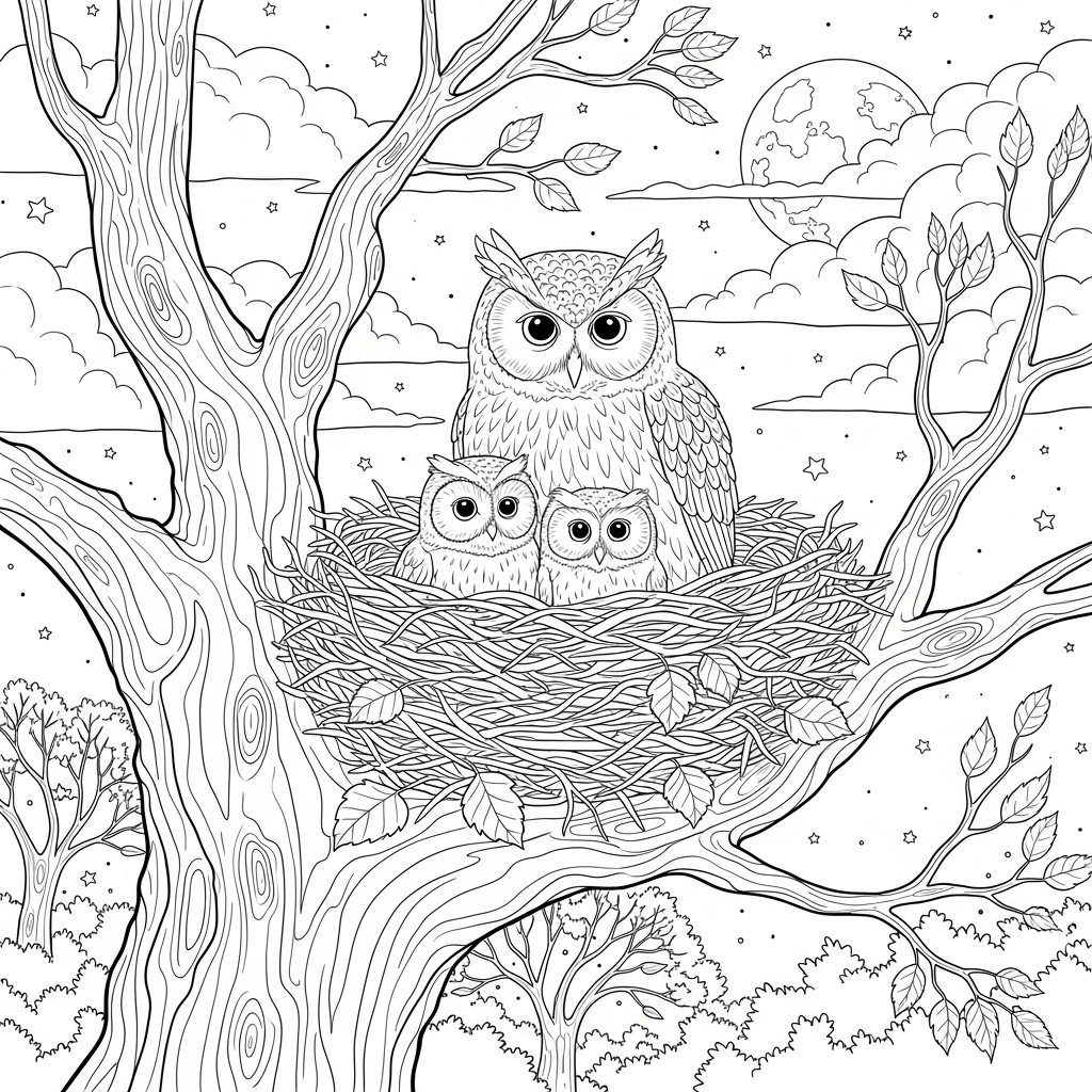 Intricate Owl Family Nest Coloring Page coloring page