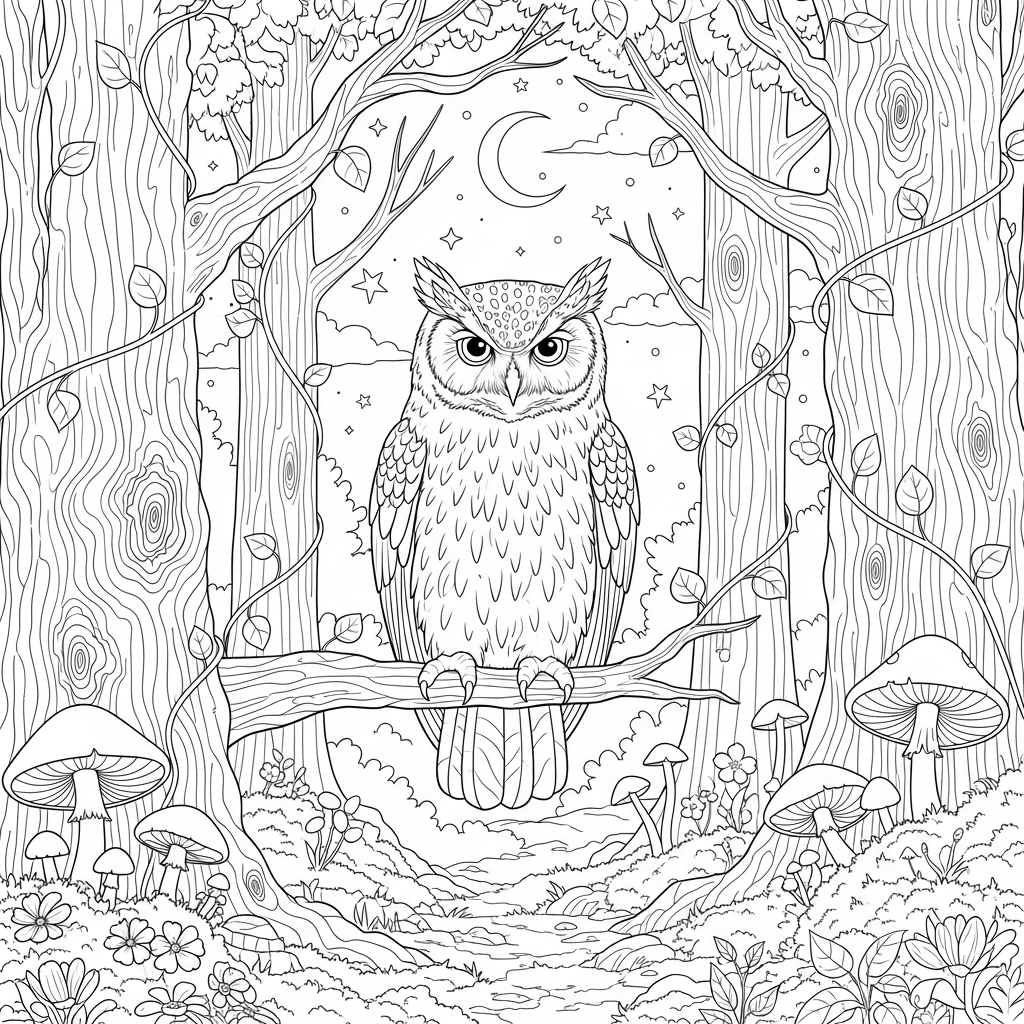 Intricate Owl Coloring Page in a Magical Forest coloring page