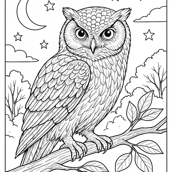 Hard Realistic Owl Coloring Page Under a Starry Night Sky coloring page printable