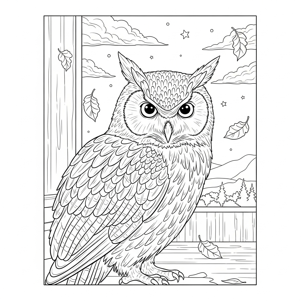 Challenging Realistic Owl Coloring Page with Falling Leaves coloring page printable