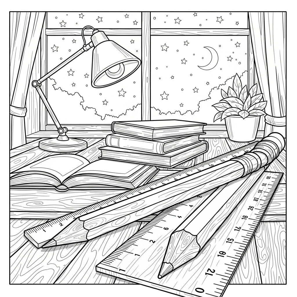 Challenging Realistic Pencil and Ruler Coloring Page for Study Tables coloring page printable