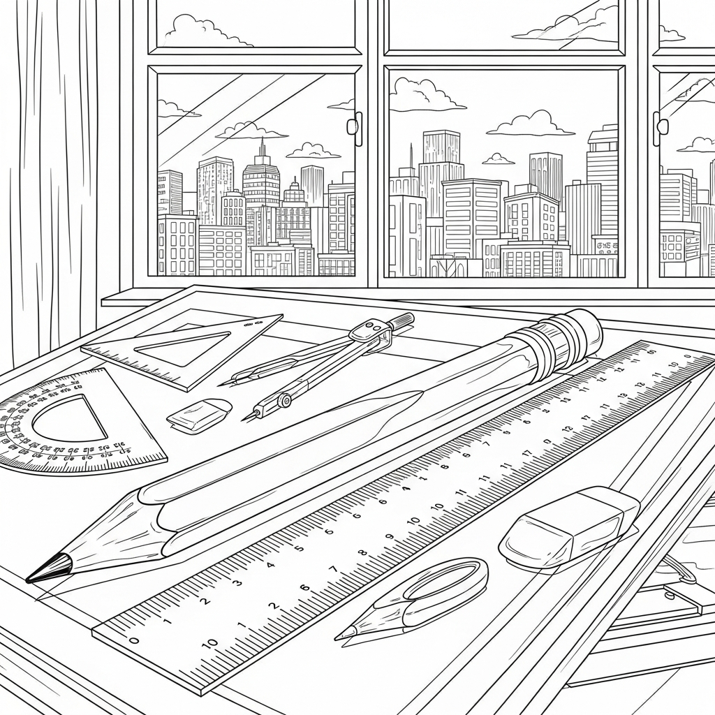 Realistic Pencil and Ruler Coloring Page for Stationery Lovers coloring page