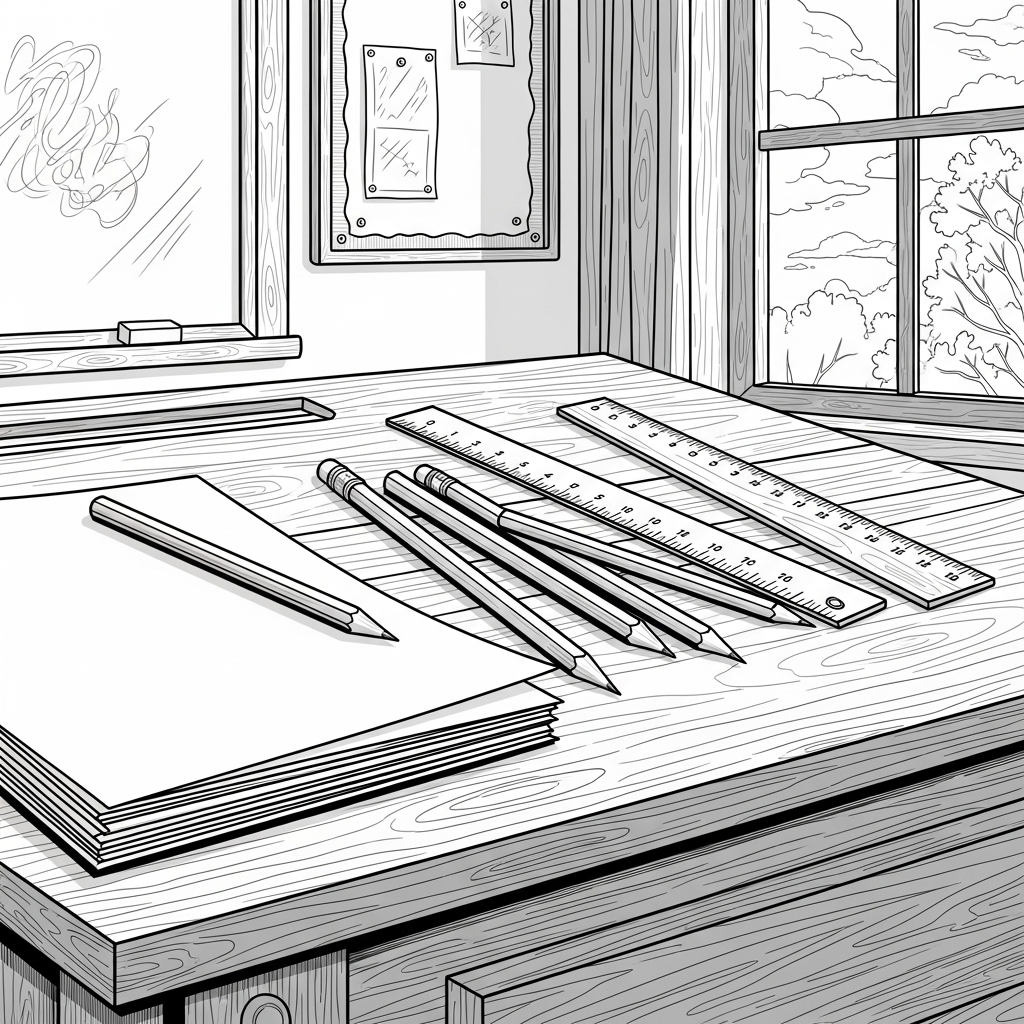 Realistic Pencil and Ruler on Teacher's Desk Coloring Page coloring page printable