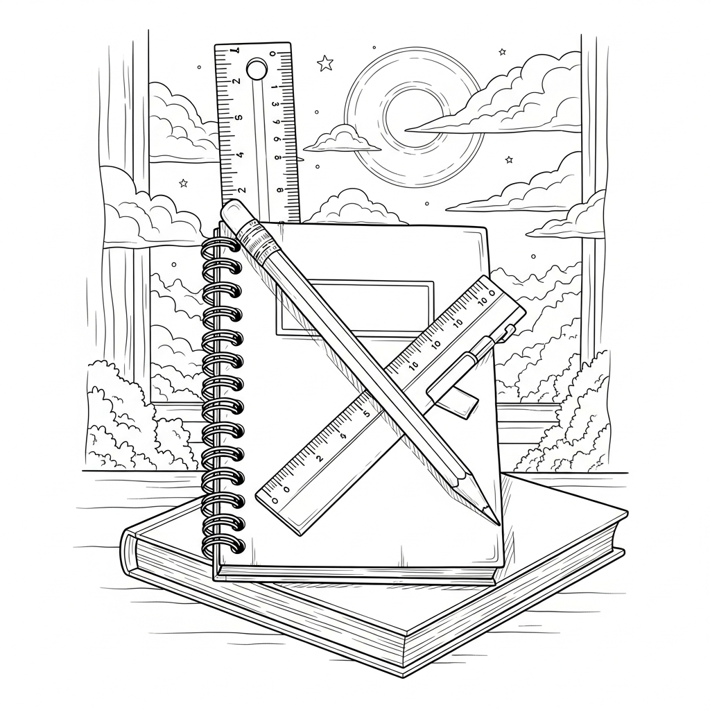 Realistic Pencil and Ruler Coloring Page with Notebooks coloring page printable