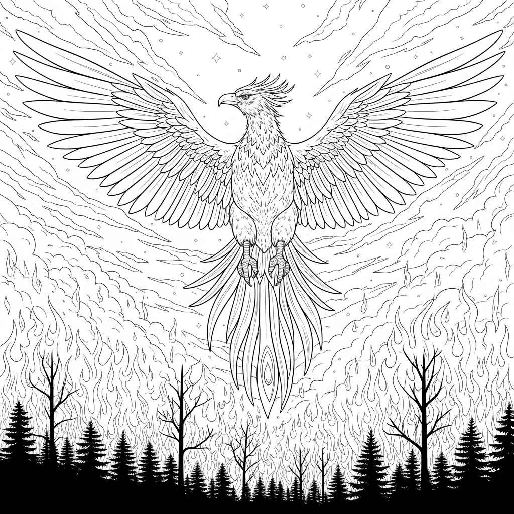 Colora la Fiammeggiante Fenice sopra un Incendio Forestale coloring page