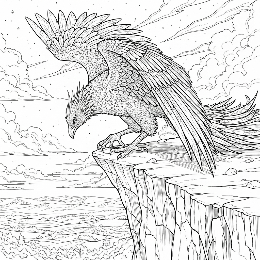 Challenging Phoenix Landing on a Cliff Coloring Page coloring page printable
