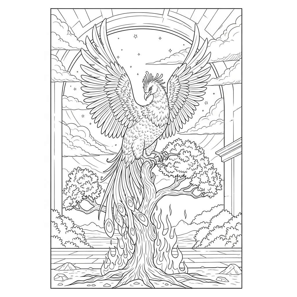 Schwerer realistischer Phoenix auf einem brennenden Baum Malvorlage coloring page