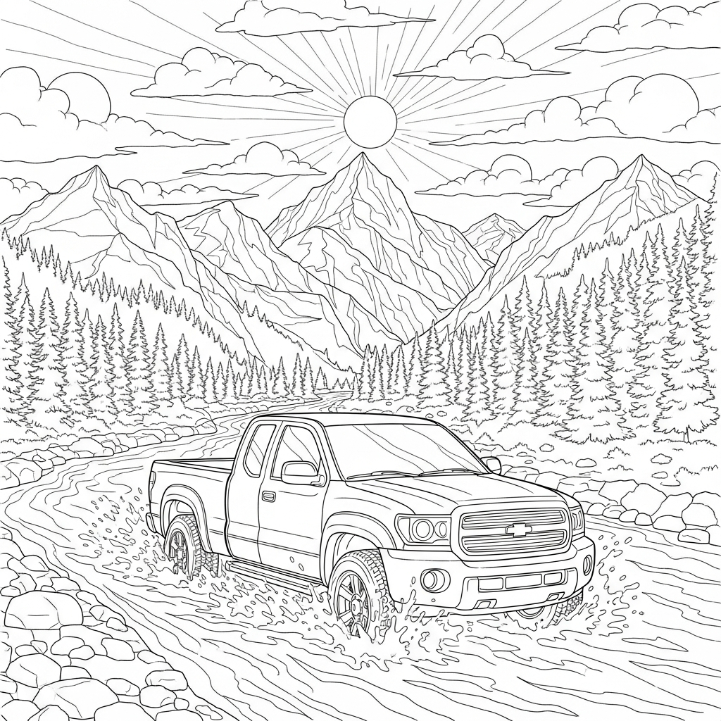 Página para Colorear de Camioneta Realista Cruzando un Río coloring page